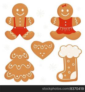 Collection of Christmas gingerbread. Cute gingerbread man and girl, tree, heart and christmas boot. Isolated vector elements for your New Years design and decor