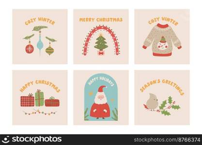 Collection of Christmas greetings with bird, Christmas trees, gifts and Santa Claus Editable vector.. Collection of Christmas greetings with bird, Christmas trees, gifts and Santa Claus Editable vector