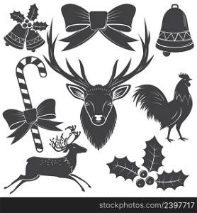 Collection of Christmas Icons. Vector illustration. Elements for shirt or logo, print, st&, patch. Set include rooster, deer, holly, bell bow and bells silhouettes. Collection of Christmas Icons