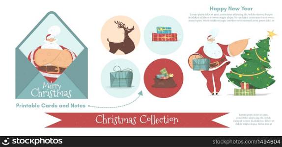 Collection of Christmas New Year Elements, Printable Cards and Notes Isolated on White Background. Santa Claus, Fir Tree, Ribbon, Reindeer, Present, Envelope Cartoon Flat Vector Illustration, Clip Art. Collection Christmas New Year Printable Elements