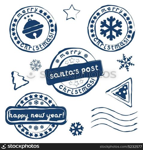 Collection of Christmas postage stamps on white background. Eps 10