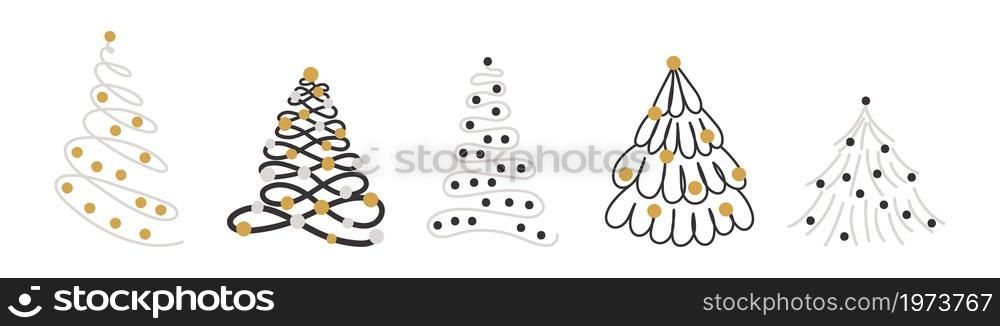 Collection of Christmas trees for decorations, holiday gifts, winter knitted woolen clothes, pattern. Christmas trees icon set isolated on white background. Vector illustration.