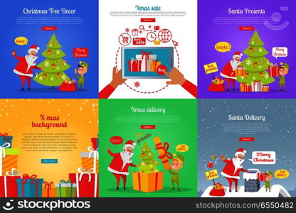 Collection of christmas vector illustrations with Santa Claus and gnome decorating xmas tree and throwing presents in chimney. Colourful poster with online buying gifts and sending spruce in box.. Christmas Tree Decor. Xmas Sale. Santa Presents