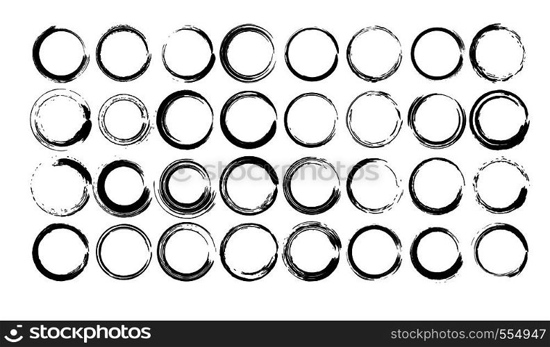 Collection of circle black borders isolated. Set of round grunge frames. Vector illustration.
