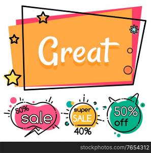 Collection of clearance and selling, coupons and propositions. Super sale and great discounts for shoppers. Promotional banners with 40 percent off price lowering of cost, vector in flat style. Sale and Discounts Banner Set Offers and Proposals