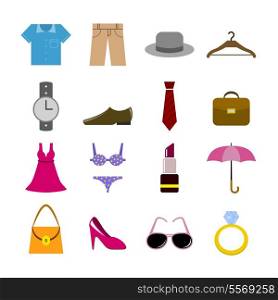 Collection of clothes accessories shoes shirt tie and hat isolated vector illustration