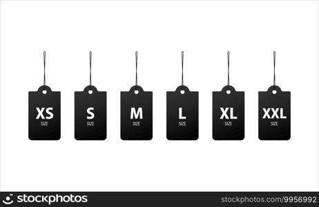Collection of clothing size labels. XS, S, M, L, XL, XXL sizes. Vector EPS 10. Isolated on white background. Collection of clothing size labels. XS, S, M, L, XL, XXL sizes. Vector EPS 10. Isolated on white background.