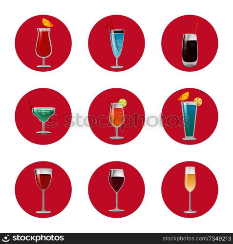 Collection of cocktails and classical elite wine drinks, expensive ch&agne and refreshing tropical beverage in elegant glassware vector illustrations. Collection of Cocktails Classical Elite Wine Drink