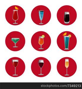 Collection of cocktails and classical elite wine drinks, expensive ch&agne and refreshing tropical beverage in elegant glassware vector illustrations. Collection of Cocktails Classical Elite Wine Drink