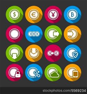 Collection of coins for finance or money app with long shadows isolated vector illustration