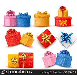 Collection of color gift boxes with bows and ribbons. Vector illustration.