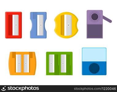 Collection of colored colorful pencil sharpeners isolated on white background. Cartoon style. Vector illustration for any design.