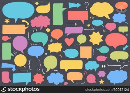 Collection of colored hand drawn speech bubbles, arrows and other design elements, vector eps10 illustration. Speech Bubbles