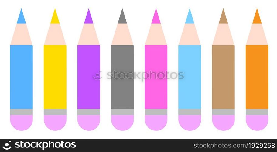 Collection of colored pencil. Cartoon style. Art background. School supplies. Flat sign. Vector illustration. Stock image. EPS 10.. Collection of colored pencil. Cartoon style. Art background. School supplies. Flat sign. Vector illustration. Stock image.
