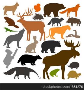 Collection of colored silhouettes of forest wild animals