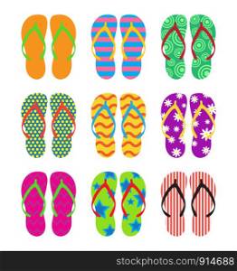Collection of colorful flip flops set on white background - Vector illustration
