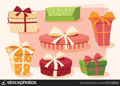 Collection of colorful gift boxes with bows and ribbons in different shapes, vector illustration
