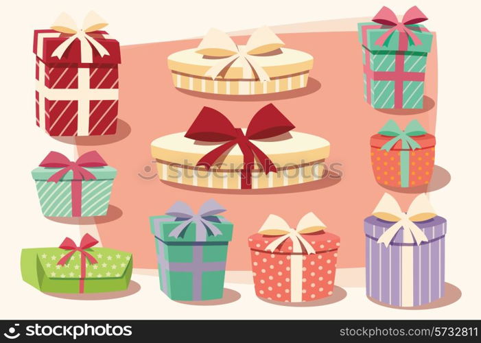 Collection of colorful gift boxes with bows and ribbons in different shapes, vector illustration