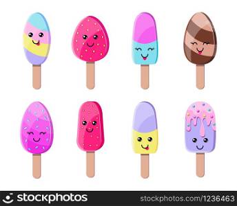 Collection of colorful ice cream in kawaii style on white background.