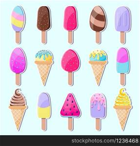 Collection of colorful ice cream stickers on white background.