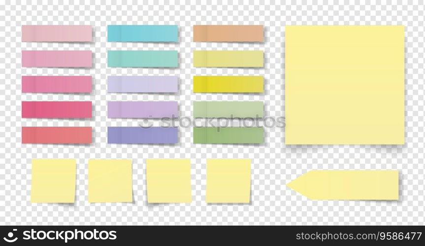 Collection of colorful note papers or post stickers or post notes with curled corner ready for your message on transparent background. vector design.