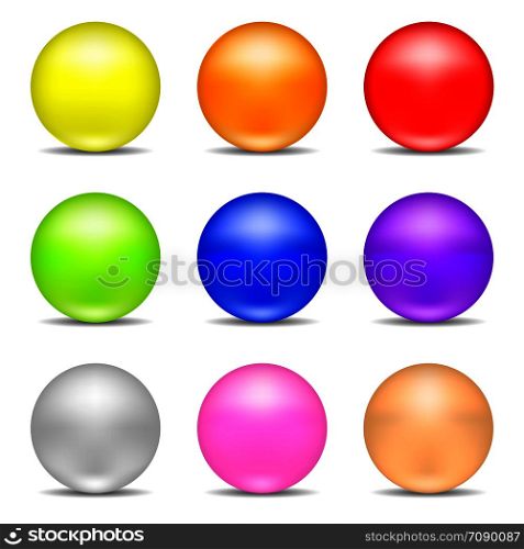 Collection of Colorful Realistic Spheres isolated on white background. Set of Glossy Shiny Spheres. Vector Illustration for Your Design, Game, Card.