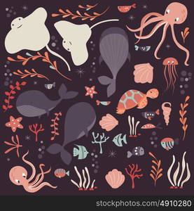 Collection of colorful sea and ocean animals, whale, octopus, stingray, jellyfish, turtle, coral, vector illustration