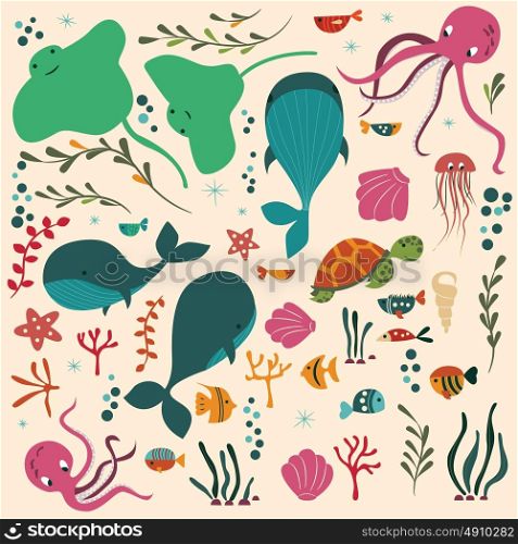 Collection of colorful sea and ocean animals, whale, octopus, stingray, jellyfish, turtle, coral, vector illustration