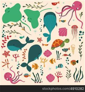 Collection of colorful sea and ocean animals, whale, octopus, stingray, jellyfish, turtle, coral, vector illustration