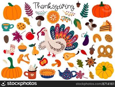 Collection of colorful vector illustrations of various types of food with turkey and autumnal decorations for traditional Thanksgiving celebration concept designs. Set of elements for Thanksgiving celebration