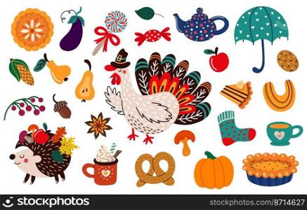 Collection of colorful vector illustrations of various types of food with turkey and autumnal decorations for traditional Thanksgiving celebration concept designs. Set of elements for Thanksgiving celebration