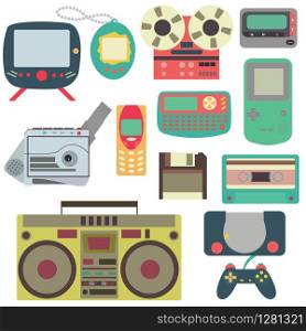 Collection of colorful vintage gadgets playstation, tetris etc. Set of colorful vintage gadgets
