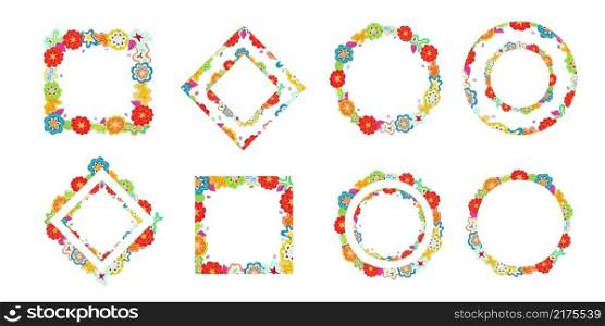 Collection of colourful floral rectangular and round hand drawn frames. Various design scribbles, copy space. Editable template, tangle clipart for prints. Floral wreath set, multicolor rectangular and round doodle frames, made of flower, star, cloud shapes. Copy space hand-drawn design elements