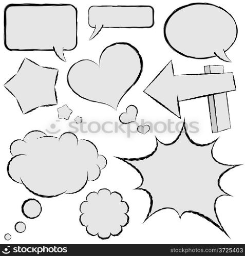 Collection of comic speech bubbles in hand drawn style.