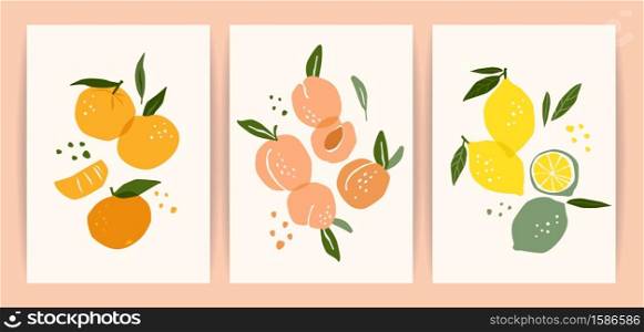 Collection of contemporary art prints. Abstract fruits. Oranges, pears and lemons. Modern design for posters, cards, packaging and more. Collection of contemporary art prints. Abstract fruits. Oranges, pears and lemons.