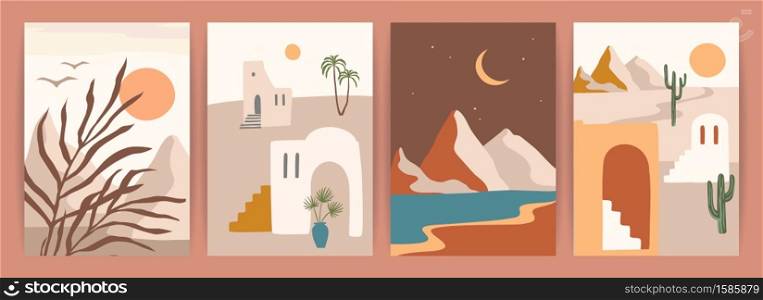 Collection of contemporary art prints with southern landscape. Mediterranean, North Africa. Modern vector design for posters, cards, packaging and more. Collection of contemporary art prints with southern landscape. Mediterranean, North Africa. Modern vector design