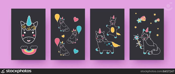 Collection of contemporary posters with adorable unicorns. Balloons, rainbow, stars, hearts vector illustrations, black background. Magic, fairytale concept for designs, social media, postcards