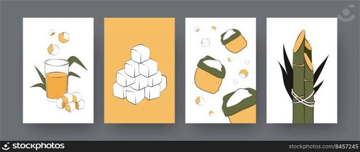 Collection of contemporary posters with sacks of sugarcane. Sugar cane cubes, juice, plants cartoon vector illustrations. Agriculture, nature concept for designs, social media, postcard