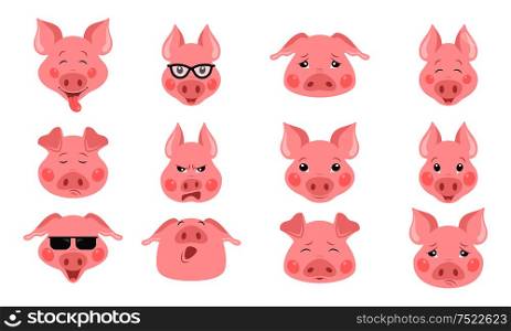 Collection of Cool Funny Pig Emoticon Characters in Different Emotions - Illustration Vector. Collection of funny pig emoticon characters in different emotions. Vector set