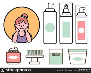Collection of cosmetics, lotions and items for facial care and individual acne control solutions. Female character with happy and glowing face, personage designed in line style. Vector in flat. Teenage Girl and St of Cosmetics Lotions Vector