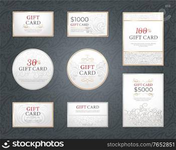 Collection of cost reductions and gift cards banners. Isolated squared and rounded vouchers and coupons. Presents for anniversary or birthday. Set of rewards with money sum. Vector in flat style. Gift Cards and Promotion Banner with Reductions