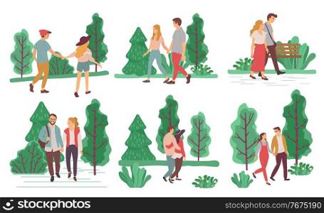 Collection of couples on dates strolling in forests or parks in summer or spring. Male and female characters in love holding hands walking and talking. Man and woman wearing stylish clothes vector. Couples on Romantic Date Walking in Summer Park