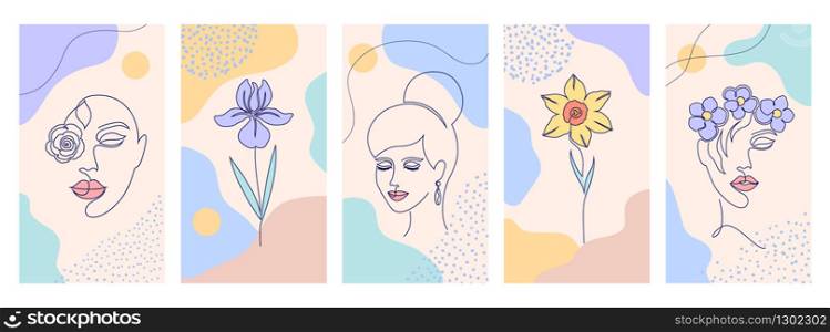 Collection of covers for social media stories, cards, flyer, poster, banners and other promotion.Beautiful illustrations with one line drawing style and abstract shapes. Beauty and fashion concept.