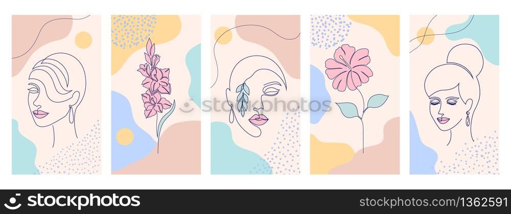Collection of covers for social media stories, cards, flyer, poster, banners and other promotion.Beautiful illustrations with one line drawing style and abstract shapes. Beauty and fashion concept.