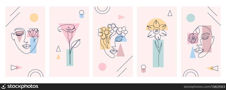 Collection of covers for social media stories, cards, flyer, poster, banners and other promotion.Beautiful illustrations with one line drawing style and geometric shapes. Beauty and fashion concept.