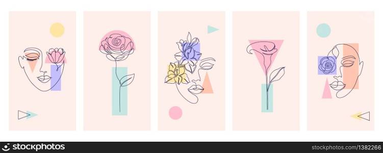 Collection of covers for social media stories, cards, flyer, poster, banners and other promotion.Beautiful illustrations with one line drawing style and geometric shapes. Beauty and fashion concept.. collection of abstract cards