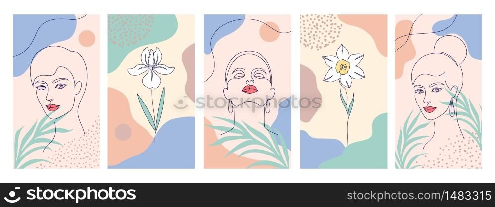 Collection of covers for social media stories, cards, flyer, poster, banners and other promotion.Beautiful illustrations with one line drawing style and geometric shapes. Beauty and fashion concept.. collection of cards
