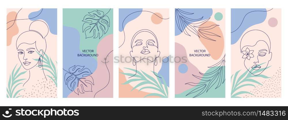 Collection of covers for social media stories, cards, flyer, poster, banners and other promotion.Beautiful illustrations with one line drawing style and geometric shapes. Beauty and fashion concept. covers for social media stories