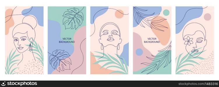 Collection of covers for social media stories, cards, flyer, poster, banners and other promotion.Beautiful illustrations with one line drawing style and geometric shapes. Beauty and fashion concept. covers for social media stories