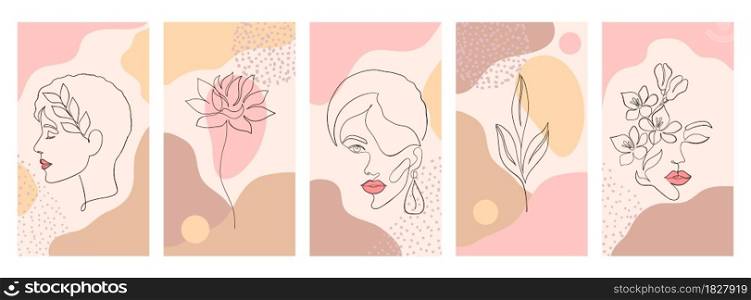 Collection of covers for social media stories, cards, flyers, posters, banners and other promotion.Beautiful illustrations with one line drawing style and geometric shapes. Beauty and fashion concept.